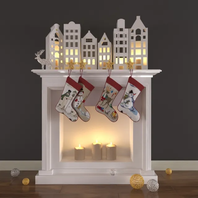 decoration - Christmas decoration with candles and fireplace 3D Model