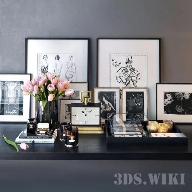 decoration - Clock pictures bouquet of pink tulips 3D Model