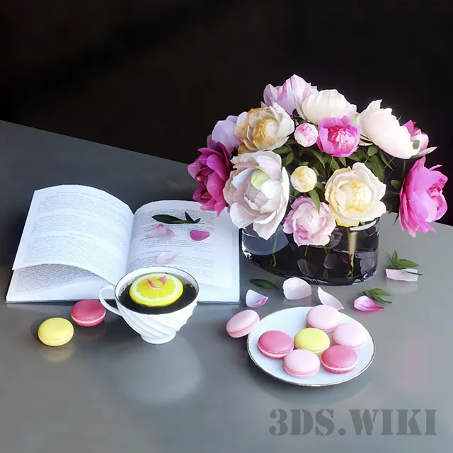 decoration - Decorative set of peonies book and cookies 3D Model
