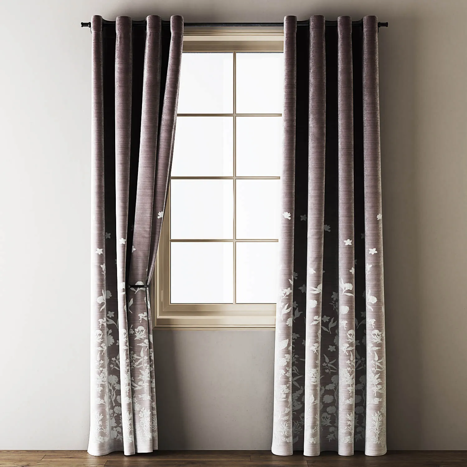 decoration - Floral Embroidered velvet Eyelet curtain 07 3D Model