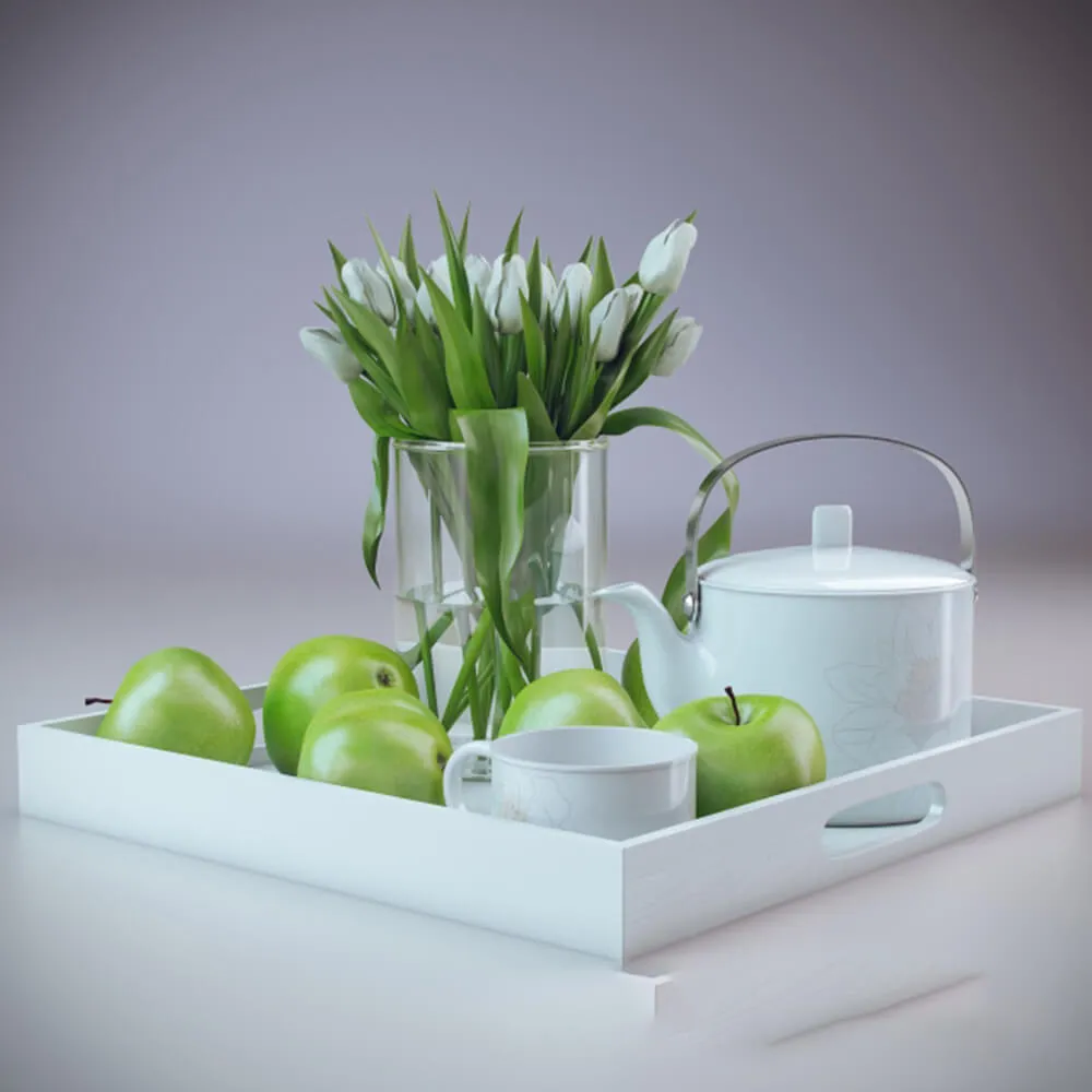 decoration - Flowers apples teapot and a cup on a tray 3D Model
