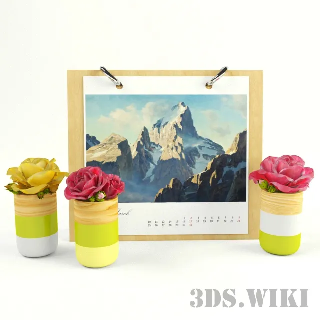 decoration - Flowers in small vases with a calendar 3D Model