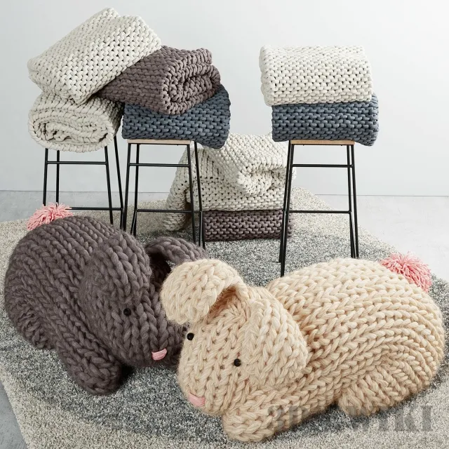 decoration - Knitted hares stool with plaids and carpet 3D Model