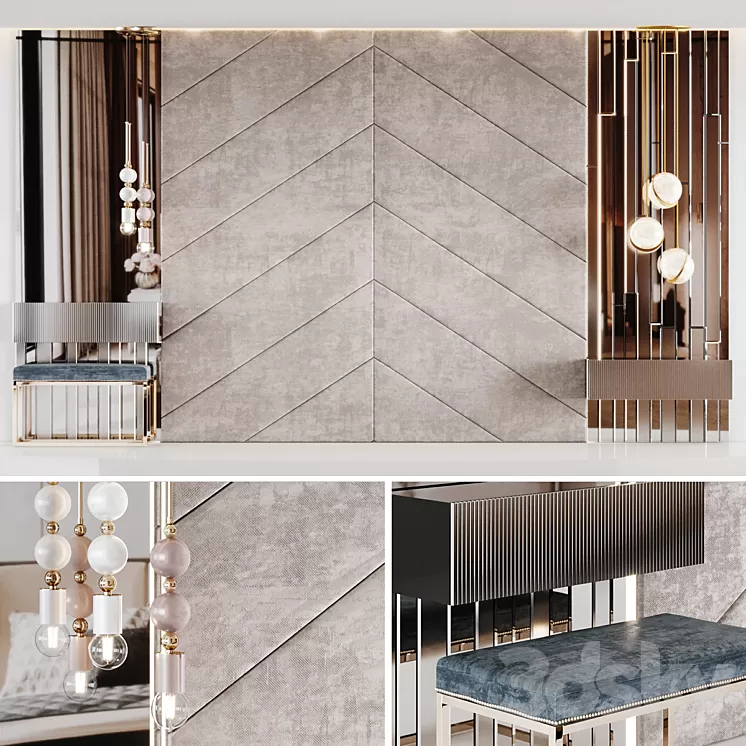 Decoration of a beige headboard with side tables and light 3D Model