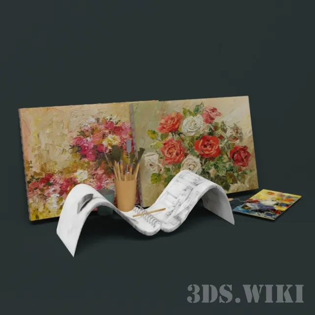decoration - Paintings of bouquets of roses and paint brushes 3D Model