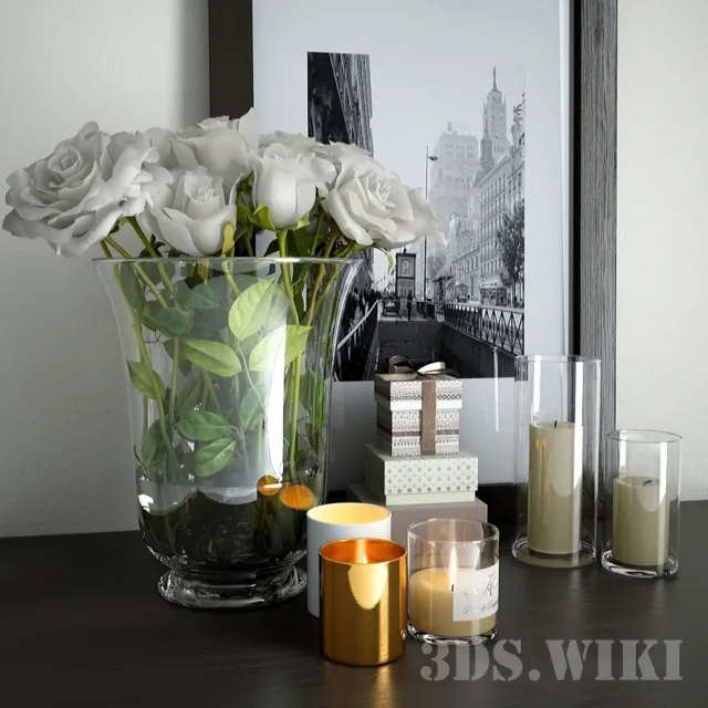 decoration - Picture candles and a vase with roses 3D Model