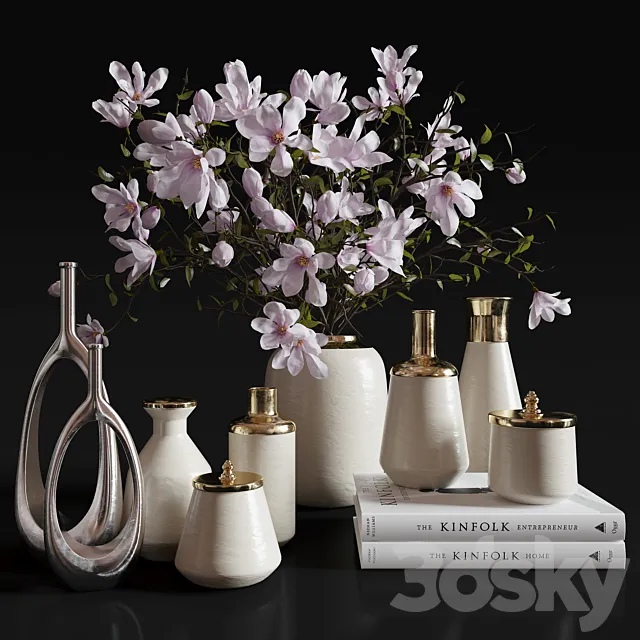 Decoration Set 30 Magnolia and Vases. 3D Model