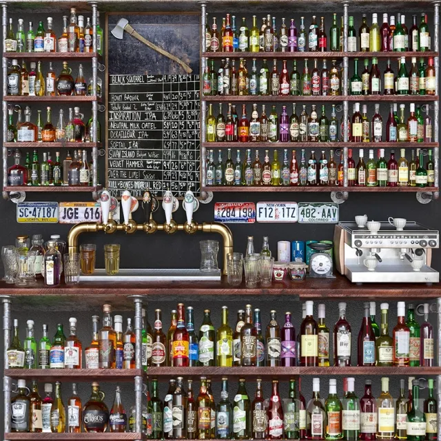 decoration - Set-370 (Wooden shelving with bottles) 3D Model