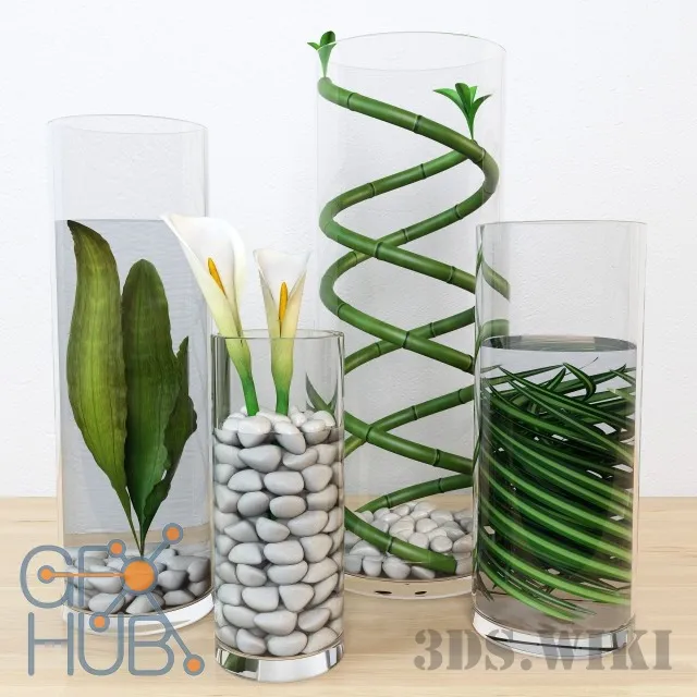 decoration - Set of flowers in flasks 3D Model