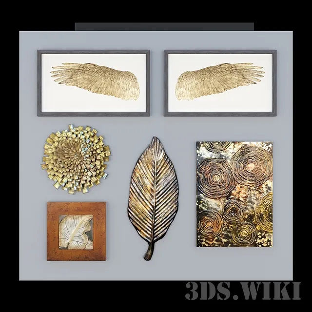 decoration - Set of paintings with golden flowers 3D Model