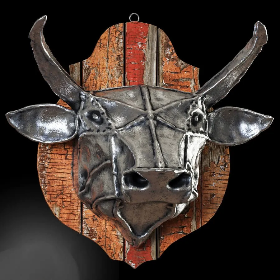 decoration - Steel head of a bull on a wooden old board 3D Model