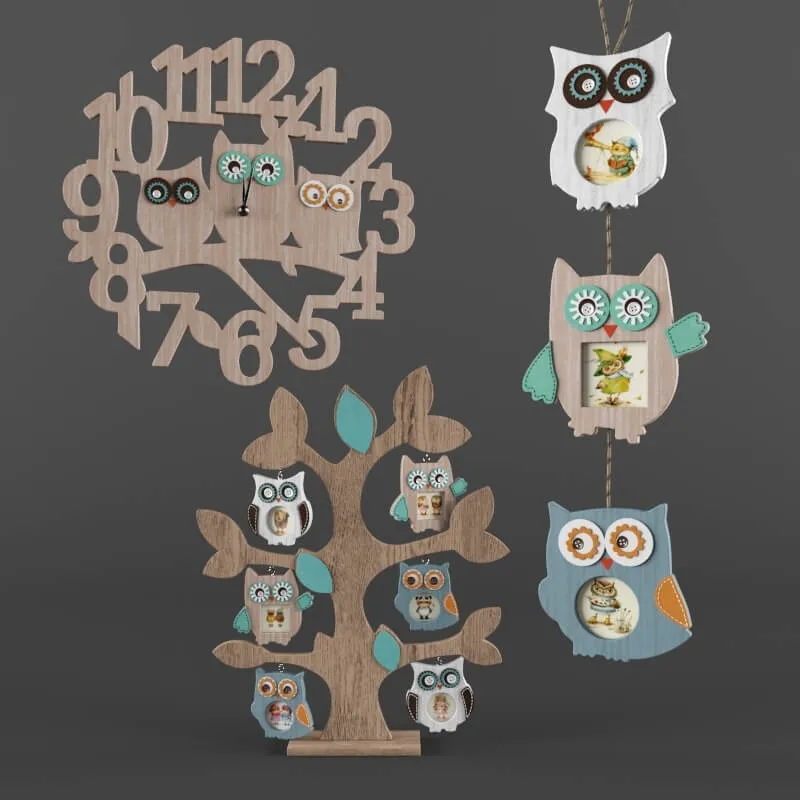 decoration - Wall clock. Frame Tree Owls 6 photos 3D Model
