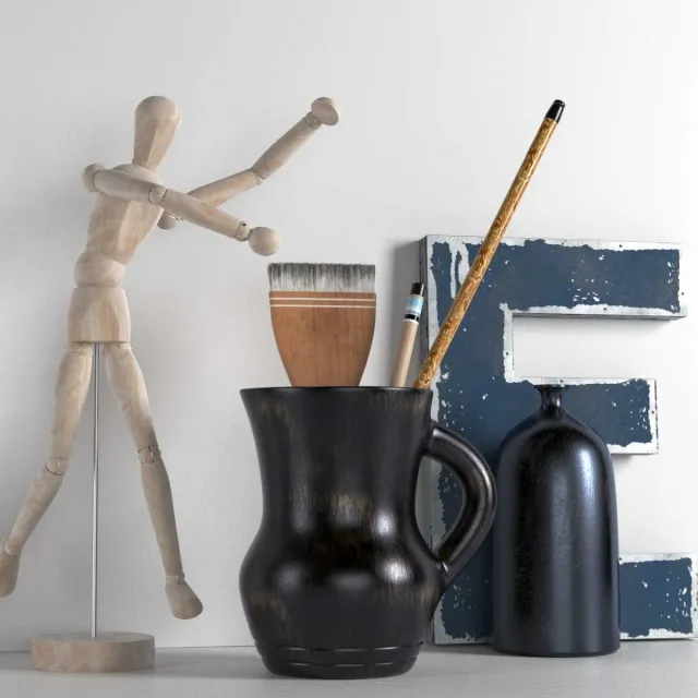 decoration - Wooden Mannequin Brushes in Pitcher and Bottle 3D Model
