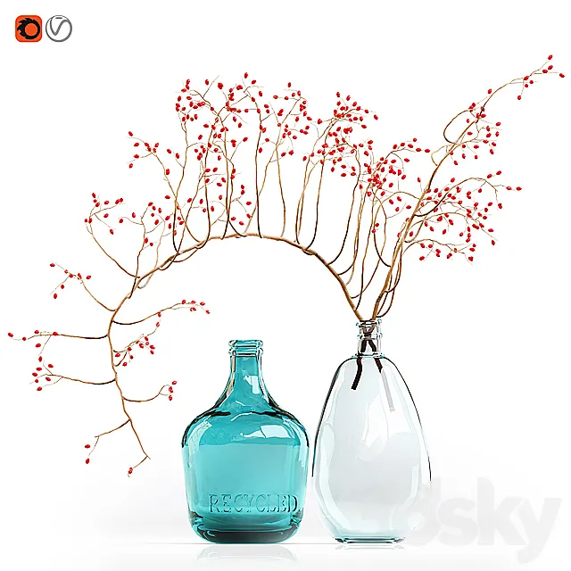 Decorative branch with red berries in a glass vase 3D Model