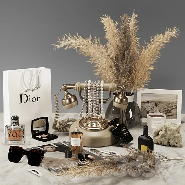 Decorative set 01_Cosmetics with pampas and antique telephone 3D Model