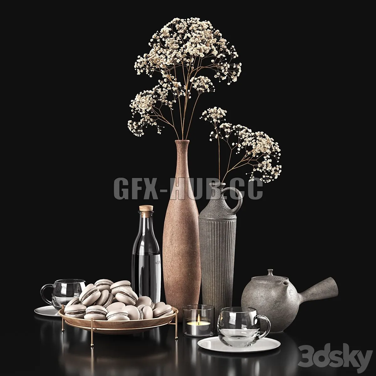 Decorative set 047 with gypsophila and macaroons 3D Model