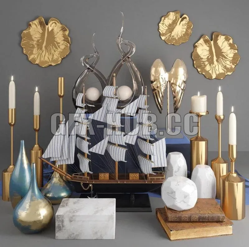 Decorative Set 12 with gold items 3D Model
