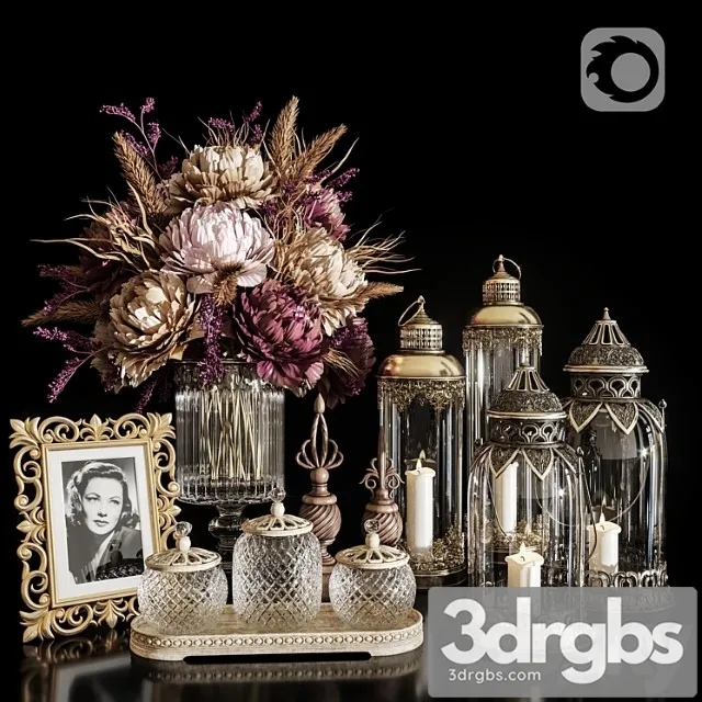 Decorative Set 20 Dried Flower Antique Lantern 3D Model Free