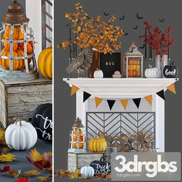 Decorative set Artificial fireplace with autumn decor 3D Model Free