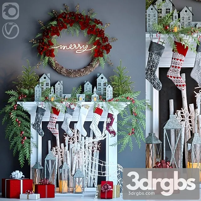 Decorative set Artificial fireplace with christmas decor 3 3D Model Free