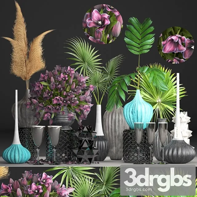 Decorative set Bouquet of flowers 77. tulips dried flowers pampas grass palm leaf decor set eco design bouquets exotic vases table decoration 3D Model Free