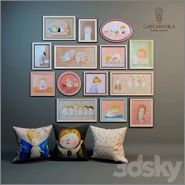 Decorative set of paintings and pillows for baby girls 3DModel