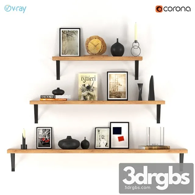 Decorative set of three shelves with filling. 3D Model Free