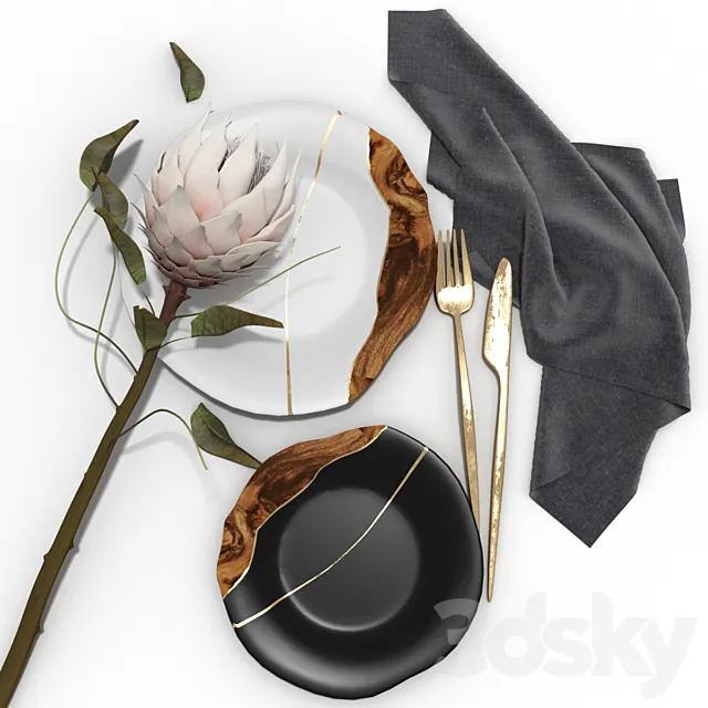 Decorative set of wabi-sabi plates and protea flower 3DModel