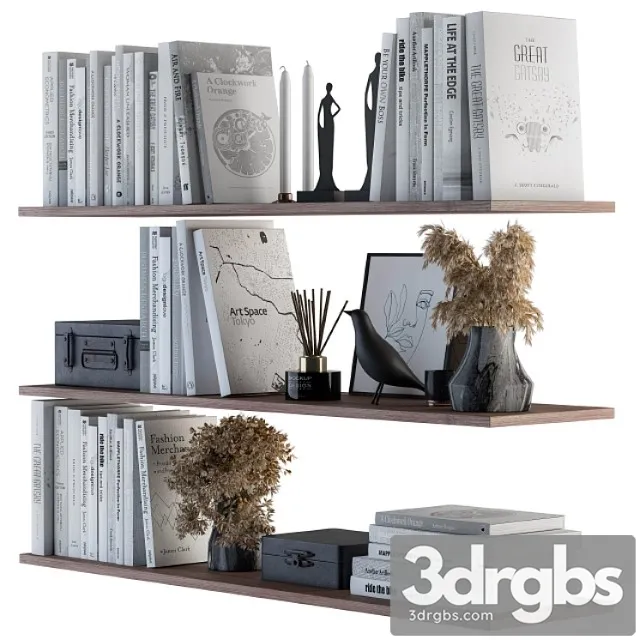 Decorative set on shelves white book and dried plants 3D Model Download