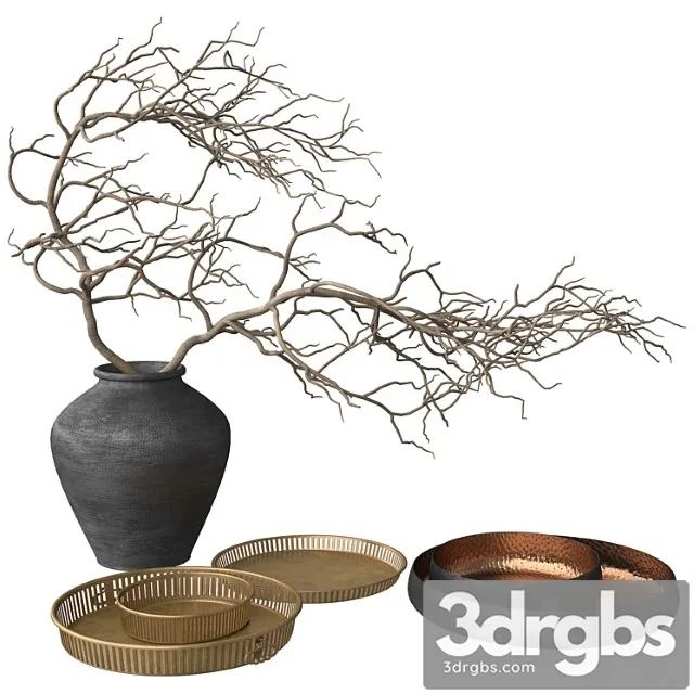 Decorative set Rustic set - vase branch copper bowl and brass tray 3D Model Free
