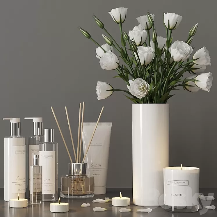 Decorative set with a bouquet of lisianthus and cosmetics 3D Model