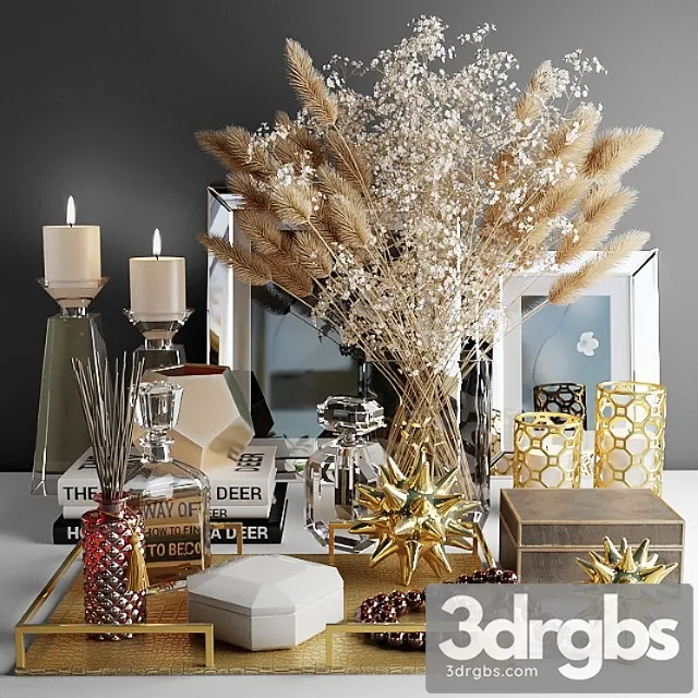 Decorative set with a bouquet of white flowers and dry grass 3D Model Free