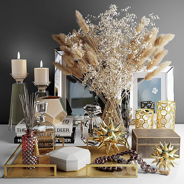 Decorative set with a bouquet of white flowers and dry grass 3D Model