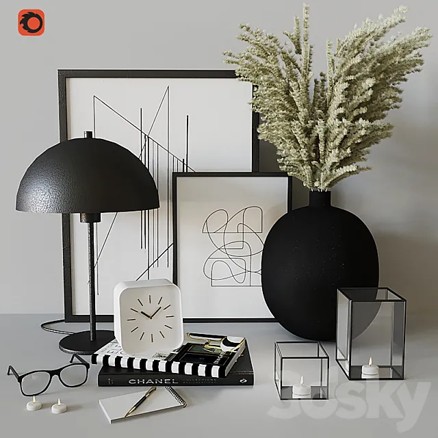 Decorative set with Black Metal Vase 3D Model