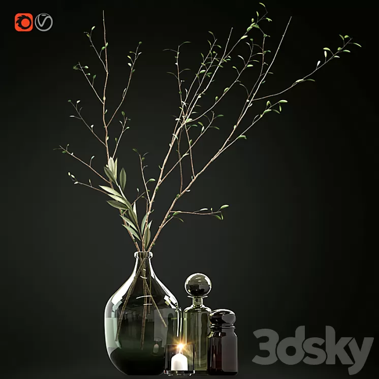 Decorative set with branches and glass bottles 3D Model