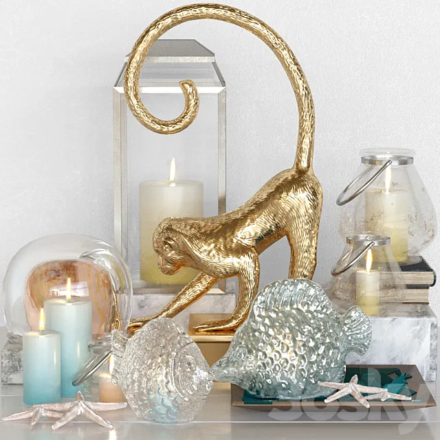Decorative set with candles and figurine in the shape of a monkey 3D Model