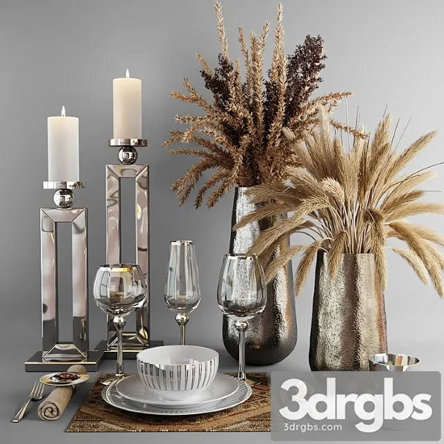 Decorative set with dishes and bouquets of dry grass 3D Model Free