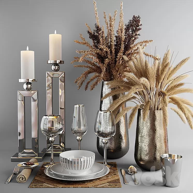 Decorative set with dishes and bouquets of dry grass 3D Model