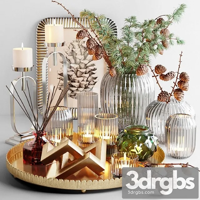 Decorative set with larch branch and candles 3D Model Free