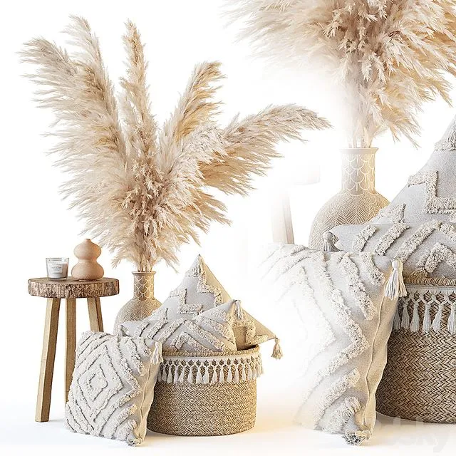 Decorative set with pillows and pampas 3D Model