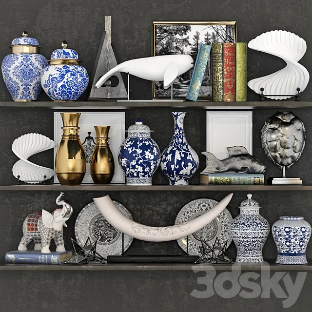 Decorative set with vases books and figurines 23 3D Model
