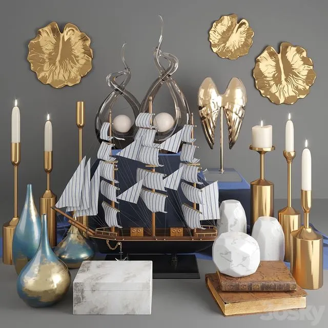 Decorative set with vases ship and figurines with gilding 18 3D Model