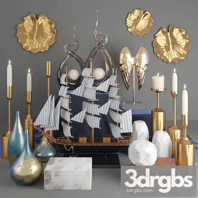 Decorative set with vases ship and figurines with gilding 18 3D Model Download