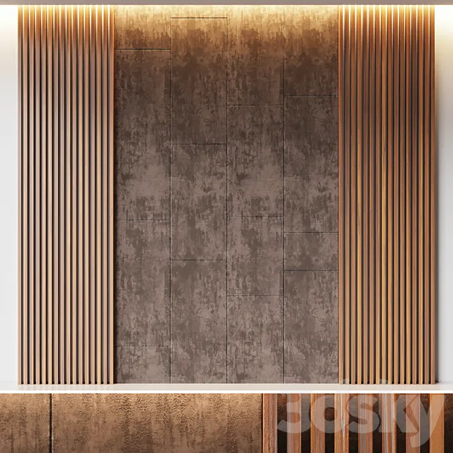 Decorative wall panel made of oak battens and beige velveteen 3D Model