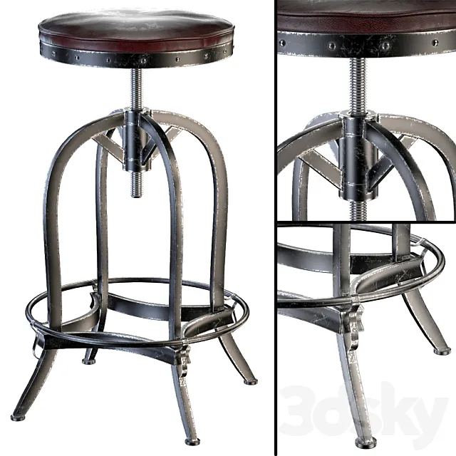 Dempsey Swivel Iron Bar Stool Brown Leather 3D Model