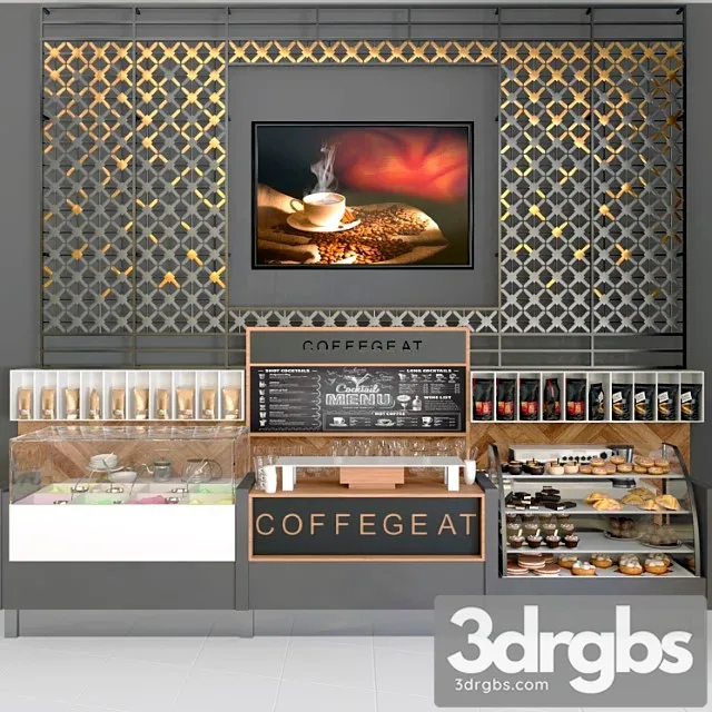 Design project of a cafe with a panel and a refrigerator with desserts and sweets. coffee house 3D Model Free