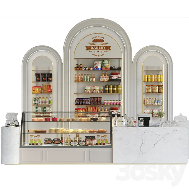 Design project of a coffee house in a classic style with a showcase with desserts and sweets 3D Model