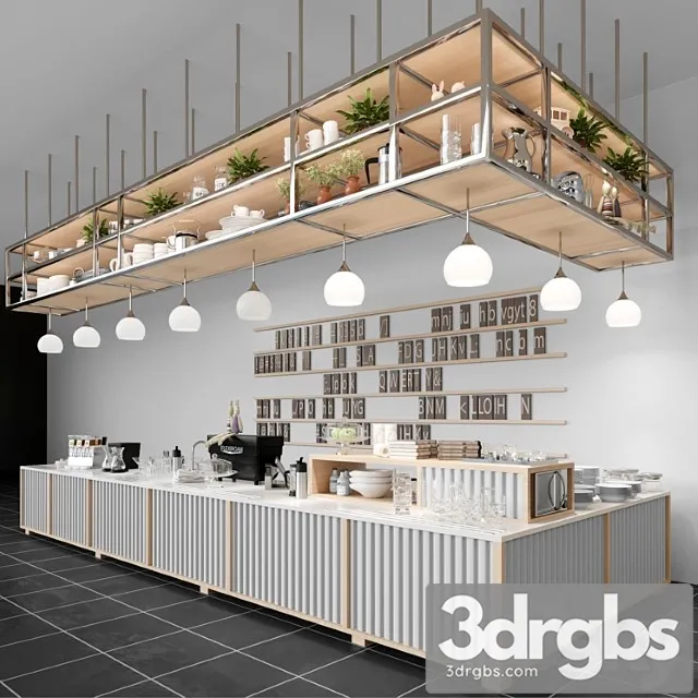 Design project of a coffee house in loft style with a coffee machine and dishes. cafe 3D Model Free