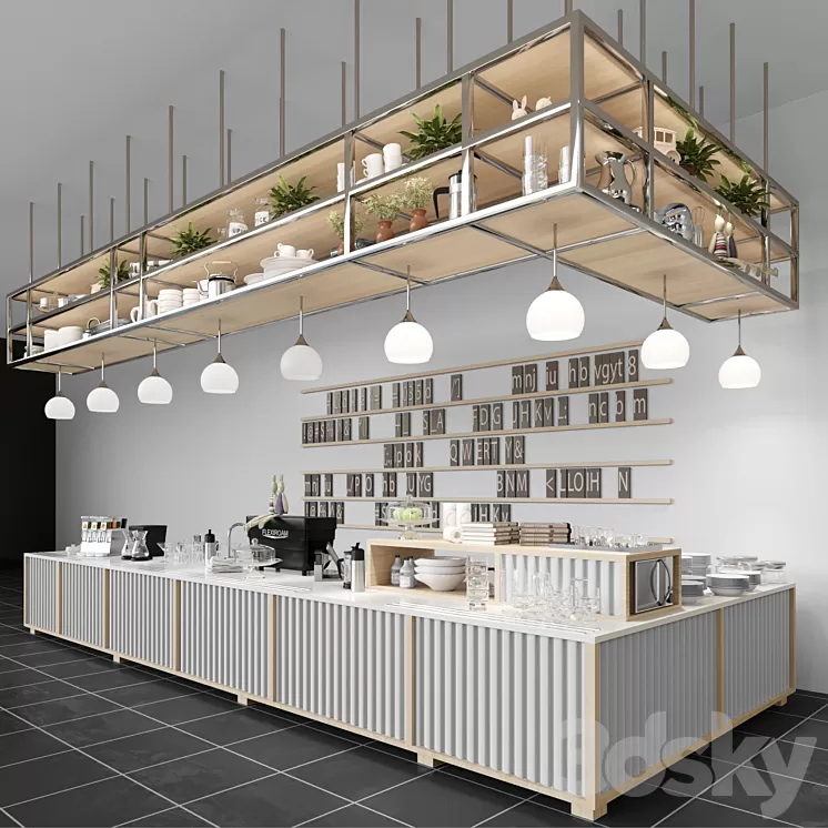 Design project of a coffee house in loft style with a coffee machine and dishes. Cafe