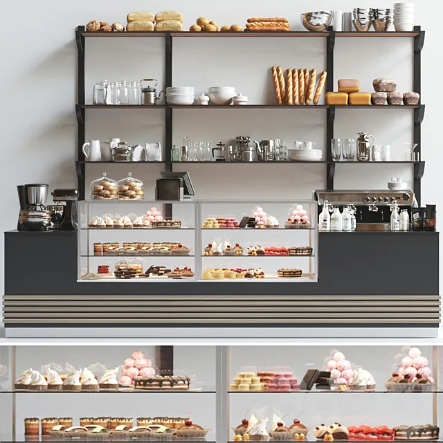 Design project of a coffee point in a minimalist style with a showcase with desserts and sweets. Cafe Free Download